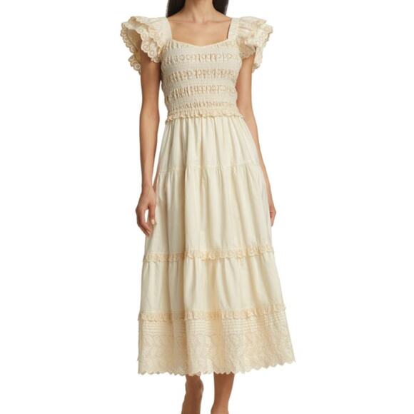 Sea New York Everleigh Eyelet Smocked Midi Cream Tiered Dress Large - Picture 3 of 6